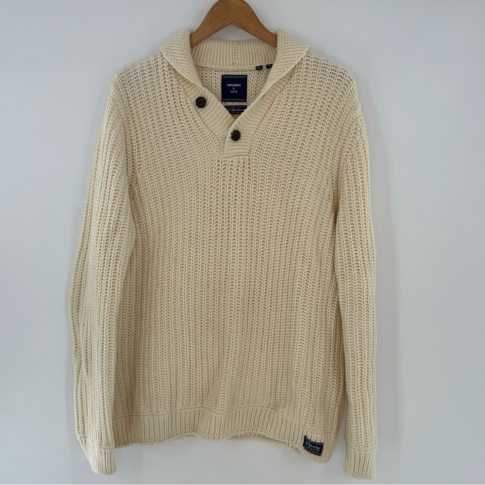 SUPERDRY Shawl Jumper Cream Chunky Knit Size Large